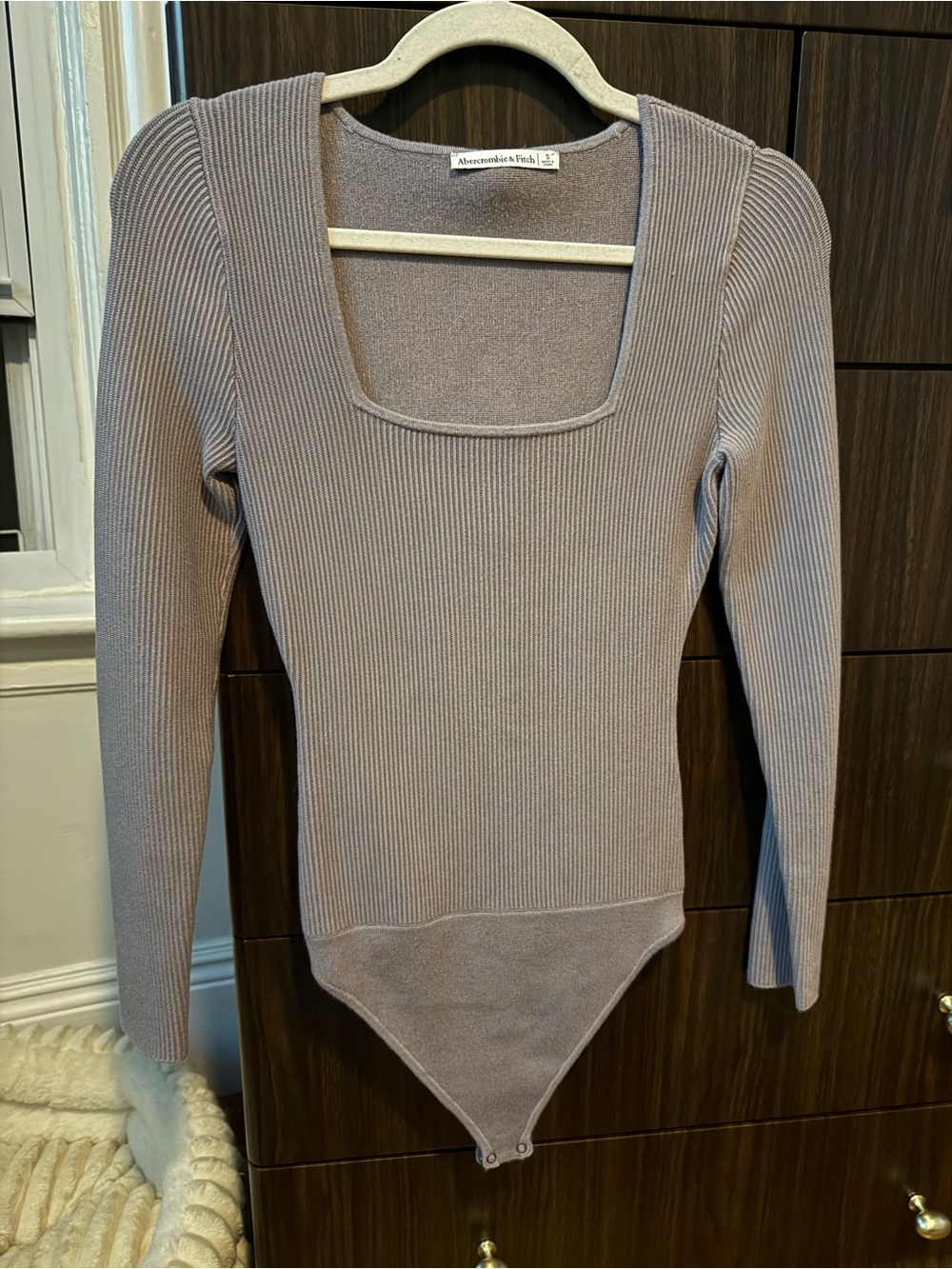 Abercrombie & Fitch Ribbed Square-Neck Bodysuit - Taupe